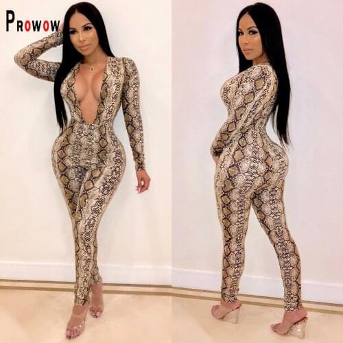 Prowow Fashion Serpentine Printed Women Jumpsuits Long Sleeve One Piece Romper Sexy Deep V-neck Female Bodycon Outffits
