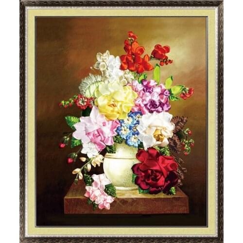 Needlework,DIY Ribbon Cross stitch Sets for Embroidery kit, Elegant Vase Classic flowers Cross-Stitch handwork Home Wall Decor