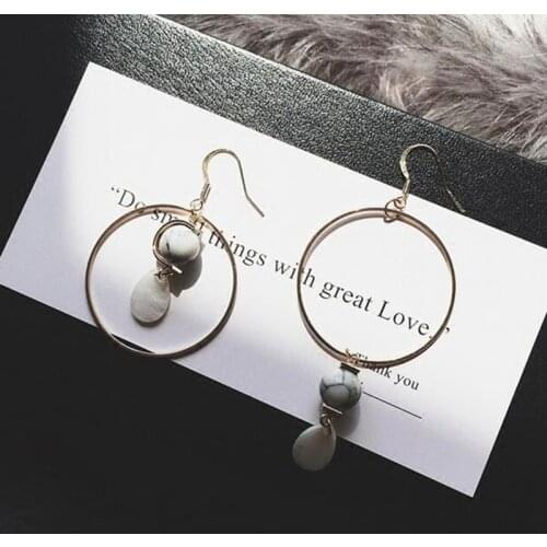 New Fashion Womens Earrings Geometric Round Marbled White Stone Stud Earrings Long Asymmetry Earring Charm Jewelry Bijoux
