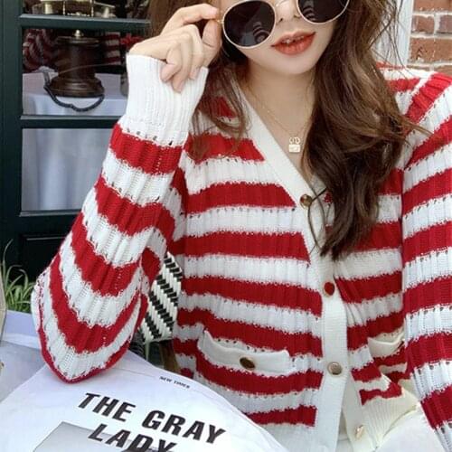 New 2021 Womens Autumn Winter Sweaters V-Neck Buttons Cardigans Knitwear Korean Striped Vintage Elegant Wild Lady Top SWC1339JX