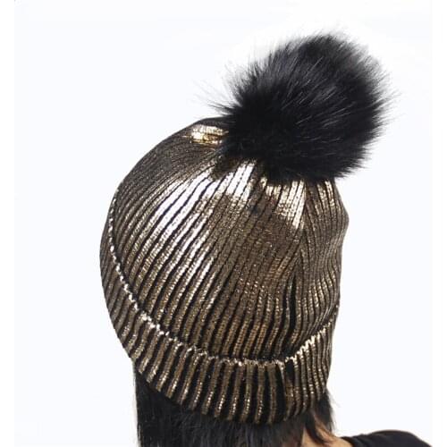 2019 Ear Warm Mink Fox Fur Ball Thick Gilding Women Fall Winter Skullies Beanies Hat Cap Elastic Fashion Accessories-XMC-W6