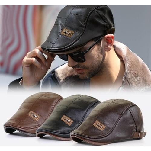 Vintage Men Beret Hat Leather Flat Cap Warm Autumn Winter Male Adjustable High Quality Gatsby Mens Retro Beret Caps