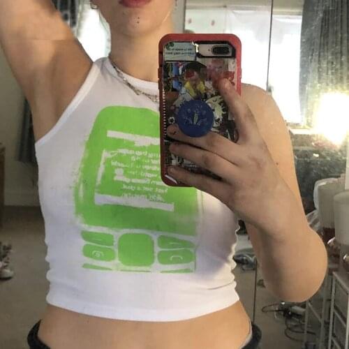 Y2K baskı rahat kırpma üst kadınlar seksi Tank üstleri Vintage moda Harajuku kolsuz yaz mavi T shirt kapalı omuz Top corset top