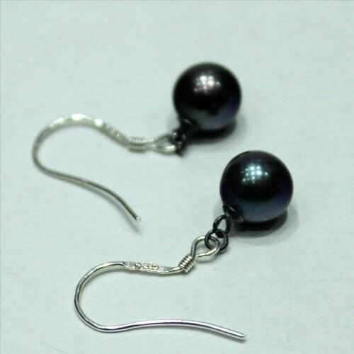 YINANYIMEI Beautiful Fine jewelry Round Black freshwater pearl silver ear hook 7-8mm