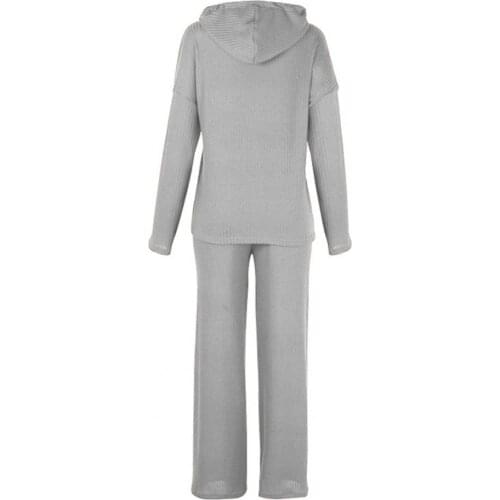 Women Autumn Long Sleeve Hoodie Wide Leg Pants Knitted Outfit Lounge Wear Set