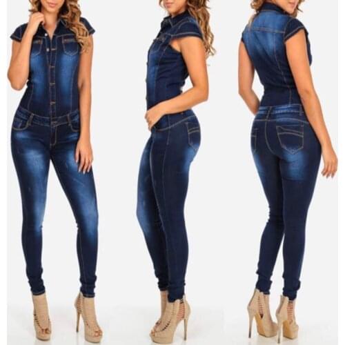2020 New Womens Stretch Dark Denim Button Down Bodysuit Jumpsuit Romper Trouser Solid Color Self Cultivation Show Thin