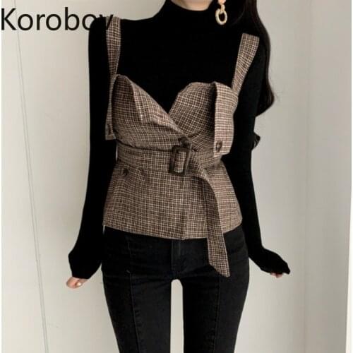 Korobov Vintage Elegant Plaid Women Vest and Turtleneck Long Sleeve Knit Pullovers Sweater Women 2 Pieces Sets