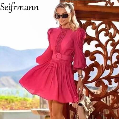 Seifrmann New 2021 Autumn Women Fashion Runway Short Dress Lantern Sleeve Lace Hollow Out Elegant Slim Ladies Dresses Vestidos