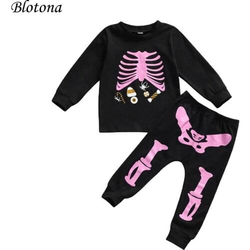 Blotona 2Pcs Baby Boys Girls Halloween Outfits, Skeleton Print Long Sleeve Round Neck Ruffle Pullover+ Elastic Waist Pants, 1-5Y
