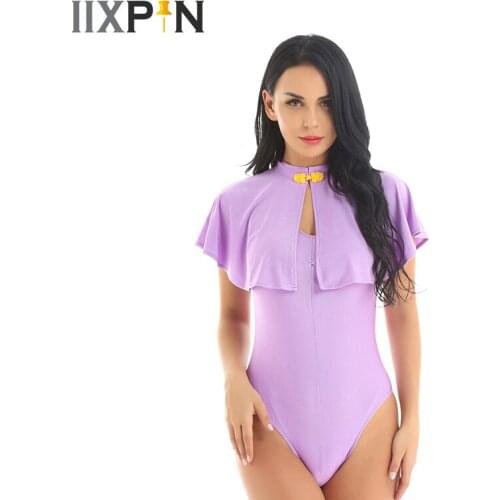 2Pcs Womens Fancy Dress Costume Dance Leotards Short Cape Top with Sleeveless High Cut Leotard Bodysuit for Stage Performance