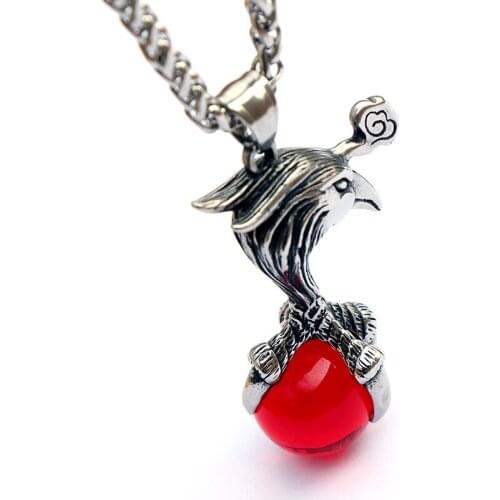 AsJerlya 2021 New Arrival Phoenix Foot Bone Red Stone Stainless Steel Pendant Necklace For Women Man Long Necklace Punk Jewelry