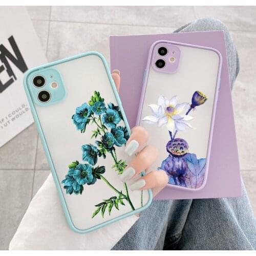 Purple Flower Phone Case for iphone 12 11 Pro Max for iphone 6 7 8 Plus SE 2020 X XS MAX XR Hard Shockproof Back Mint Blue Cover