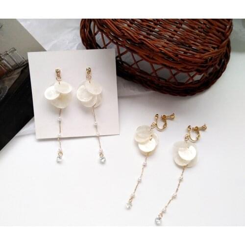 Elegant Long Imitation Pearls Tassel Clip On Earrings Non Pierced for Women Natural White Shells No Ears Hole Earriings