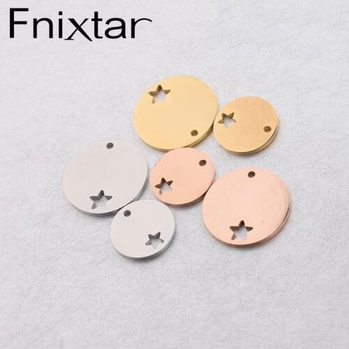 Fnixtar 15/20mm Stainless Steel Round Plate Charm Inner Hollow Small Star Mirror Polish DIY Stamping Charms Pendant 20Piece/lot