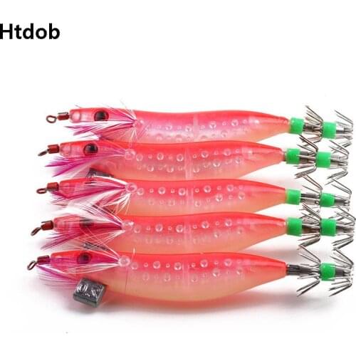 Htdob 5PCS 10cm 9g 3D eyes squid hook 5 colors luminous squid jigs artificial wood shrimp octopus fishing lures