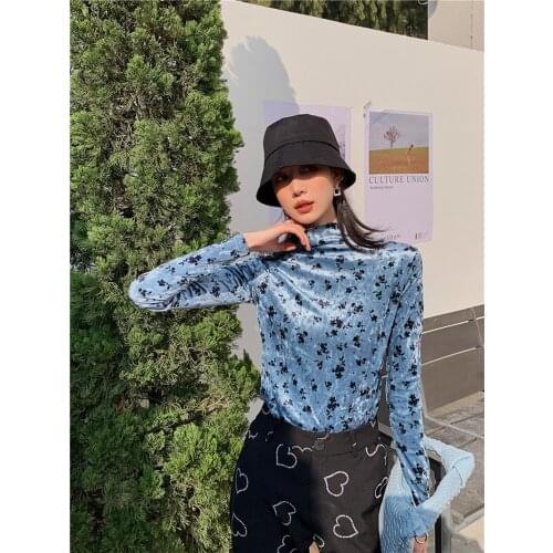 Velvet Printed High Neck Long Sleeve Slim Shirt Top Women Retro Elegant 2021 Ladies New Blouses