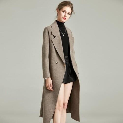 Cashmere Windbreake Overcoat Womens High-end Spring Autumn Long Woollen Trench Double-sided Tweed Overcoat Lace Up Long Coat