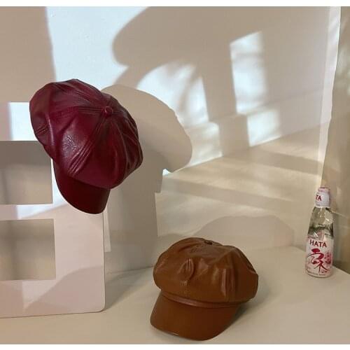 Childrens Cap Simple PU Leather Newsboy Caps Pure Color Trend Kids Retro Beret Hats Fashion Art Hat Casual Toddler Baby Visors