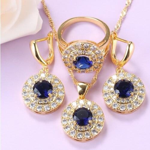 African Gold Color Jewelry Set 2020 Nigerian Wedding Accessories Round Blue Zircon Dangle Earrings And Necklace Women Gift Sets