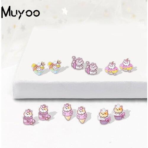Cat Loves Dessert Acrylic Epoxy Earrings Kitten Loves Donuts Cute Kittens Handmade Arylic Resin Earrings Gifts for Kids