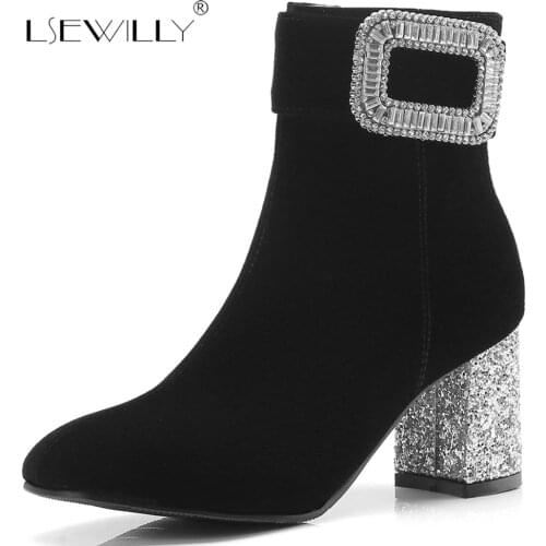 Lsewilly 2018 Big Size Suede Ladies Black Block High Heel Bootie Shoes Autumn Footwear Zipper Rhinestone Ankle Boots Women E185