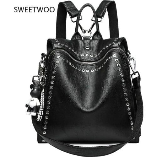 Fashion Womens Backpack Genuine Leather Personality Rivet Backpack Women Anti-theft Travel Bags Teenage Girls
