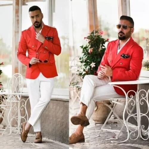 VEIAI Fashion Casual Peak Lapel Double-breasted Red Jacket With White Pants Business Mens Suit Party Wedding Prom Slim Fit Blaz
