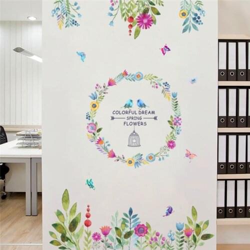Colorful dream spring flowers wall stickers for living room TV background birds butterfly wall art decals wedding decor gift