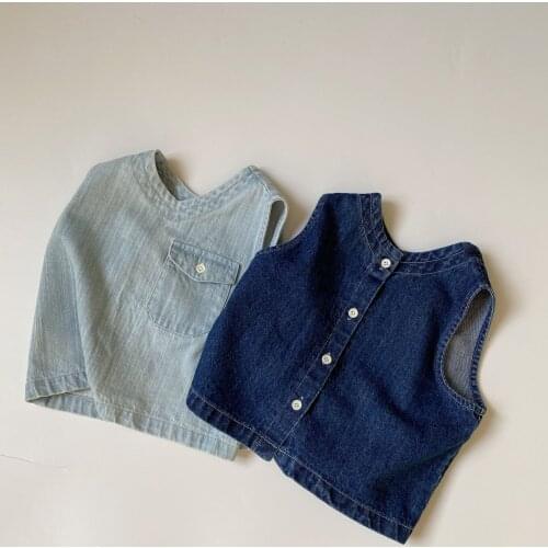2021 Korean autumn new childrens sleeveless soft Denim Vest Boys' and girls' pocket Pullover toddler girl clothes