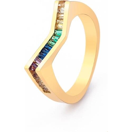 Fashion Gold Color Hot Sale Rainbow Cubic Zircon Engagement Promise Ring For Women High Quality Crystal Rhinestone Jewelry Rings