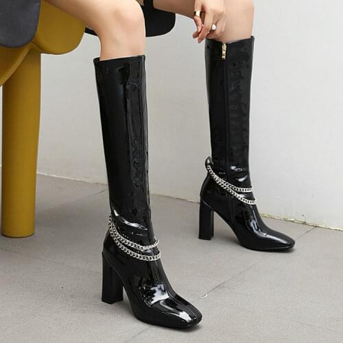New Fashion Boots Female Autumn Winter Chain Square Toe Shoes Patent Leather High Heel Knee Boots Ladies Side Zipper Shoes