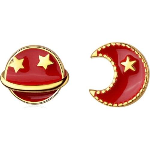 New Fresh Red Moon And Star Asymmetric 925 Sterling Silver Jewelry Personality Planet Ball Epoxy Women Stud Earrings SE676