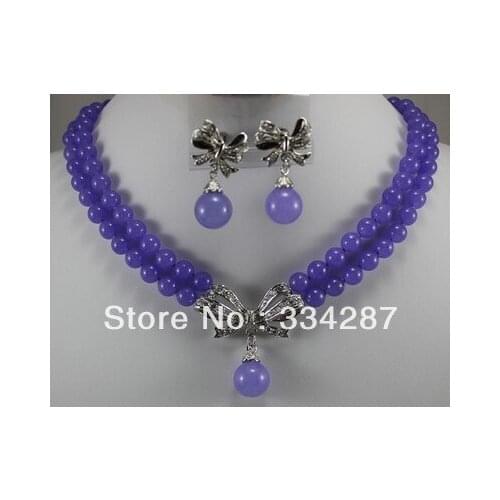 Stunning 2Strds 8mm Purple jades Necklace Earring set