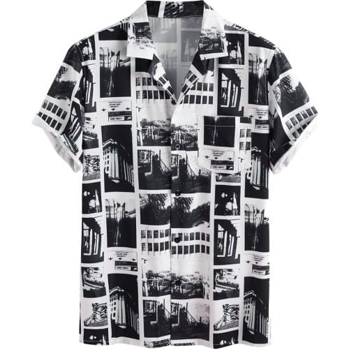 2021 New Summer Shirts For Men Funny Abstract Building Pattern Black/White Print Ropa Vintage Hombre Short Sleeve Light Shirt