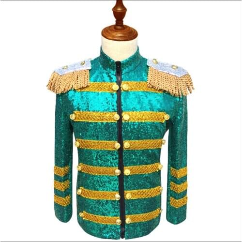 S-5xl New Style Men Stand Collar Green And Gold Sequined Jacket Coat Performance Clothing Singer Host Dj Nightclub Stage Costume