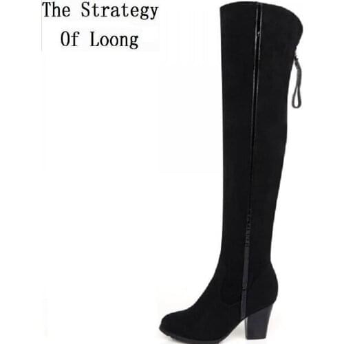 Women Spring Autumn Winter Sheepskin Leather Thick High Heel Side Zipper Fashion Over The Knee Boots Plus Size 34-45 SXQ1006