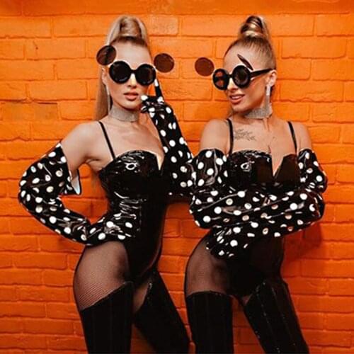 Sexy Bar Lead Dance Team Gogo Costume Black Patent Leather Bodysuit Dot Gloves Leg Cover Outfits DJ Singer Show Rave Stage Wear