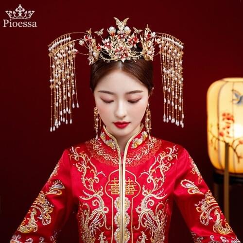 Pioessa Chinese style Xiuhe bridal headdress wedding Xiuhe clothes wedding hair ornament retro phoenix coronet and robes of rank