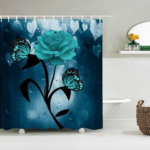 Colorful Beautiful Butterfly Blue Rose Bathroom Shower Curtains Frabic Waterproof Polyester Retro Art Flower Bath Curtains
