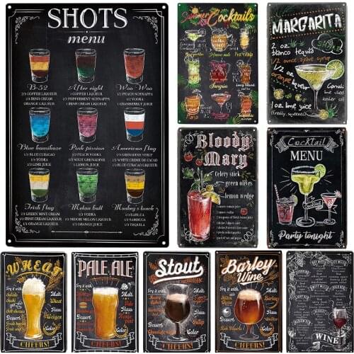 Bar Shots Beer Cocktail Menu Stout Retro Metal Poster Pub Decoration Wall Decor Vintage Tin Sign Metal Plate For Lounge Club