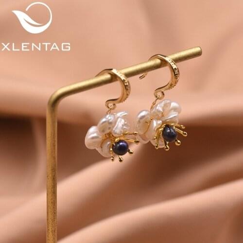 XlenAg Natural Irregular Baroque Petals Dark Blue Small Pearl Earrings Modern Female Pearl Piercing Earrings Jewelry GE0664A