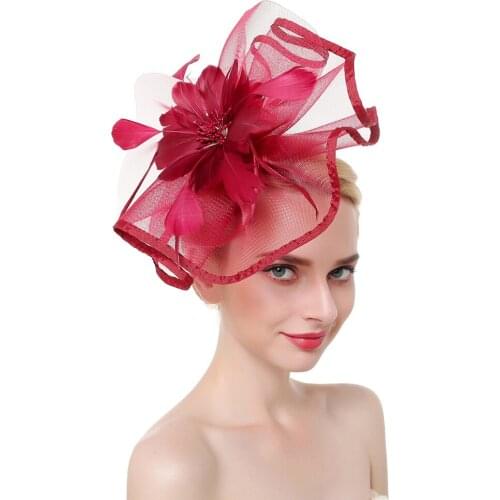 Women Fascinator Headwear Red Church Headpiece Wedding Fashion Lady Decoration Party Hair Accessories Hair Clip Hat with Feather