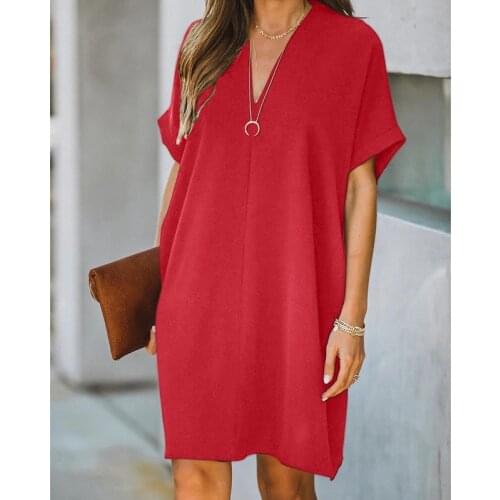 Womens Summer Solid Color V-Neck Short-Sleeved Dress Casual Loose Dresses For Women 2021 Female Vestido Daily Commute Wear