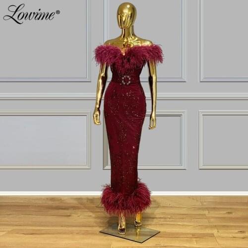 Feathers Off The Shoulder Evening Gown Ankle Length Party Dress 2020 Middle East Women Formal Dress Glitter Dubai Prom Dresses