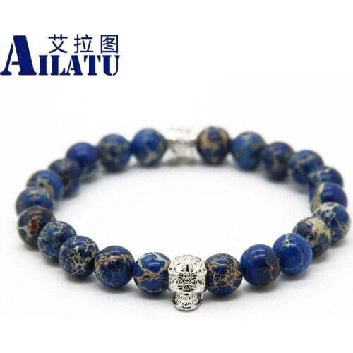 Ailatu New Design High Grade Jewelry Made by 8mm Blue Sediment Stone Beads with Bronze Skull of Mens Bracelet