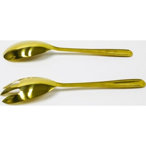 2PCS Stainless Steel Golden Large Salad Spoon Fork Set Mixing Cooking Fruit Salad Spoon and Salad Fork Kitchen Restaurant Tool