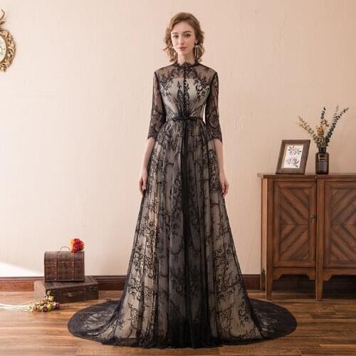2020 Elegant Black Lace Evening Dress Women 3/4 Sleeves Evening Gown Bridal Party Dresses