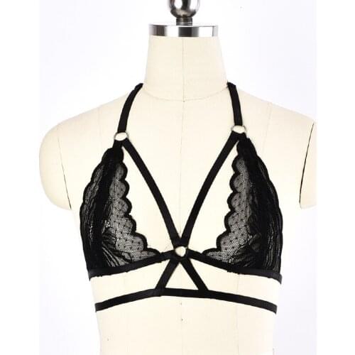 Women Strappy Harness Lace Bra Sheer Hollow Out Gothic Bondage Body Harness Elastic Cage Bra Lingerie Bralette Fetish Rave