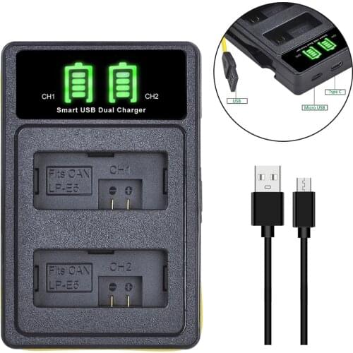 LP-E5 LP E5 LPE5 Battery Dual Charger with Type-c and Build-in USB for Canon EOS 450D 500D 1000D, Rebel XS T1i XSi, Kiss X3 X2 F