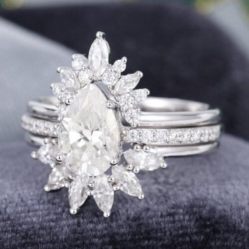 EDI Snowflake Bridal Wedding Set Solid 18k White Gold Pear Shape Moissanites Engagement Ring Natural Diamond 14k Gold Ring Band